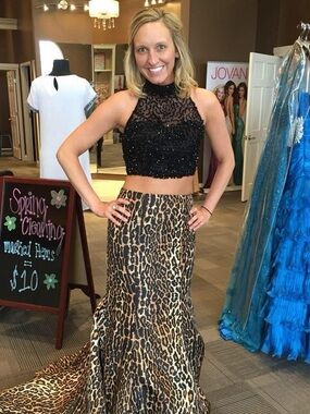 Sherri Hill Black Beaded Halter Crop Top with Leopard Print Mermaid Skirt
